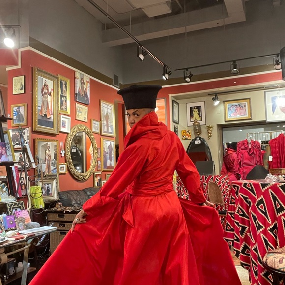 Long Red Dupioni Silk Wrap Dress - Picture 5 of 9